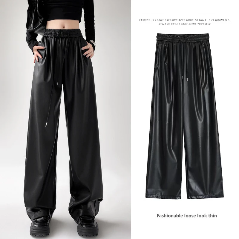 Black Wide PU Leather Pants Women Autumn Vintage Elastic High Waist Y2K Harajuku Baggy Straight Trousers