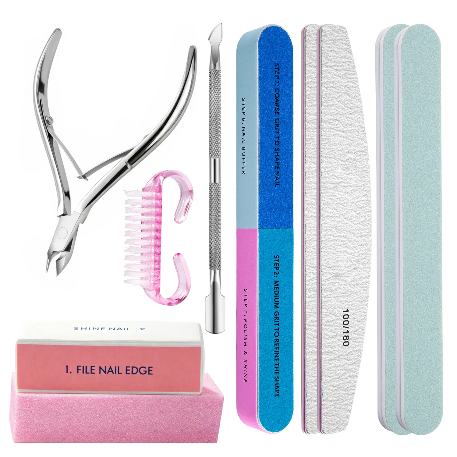 10Pcs Manicure Tool Kit Nail Files Cuticle Nipper Pusher Nail Scissors Buffer Sponge Block Nail Art Accessories Salon Home Use