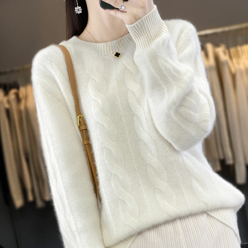 2024 pure Australian Wool Sweater Thickened Autumn Winter Women's New Style.  Solid Color Knitted Sweater With Loose Round Neck.