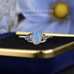 ITSMOS Natural Opal Flower Hollow Ring Silver Plated Copper Gemstone Blue Green Opal Elegent Jewelry Band Rings for Women Gift