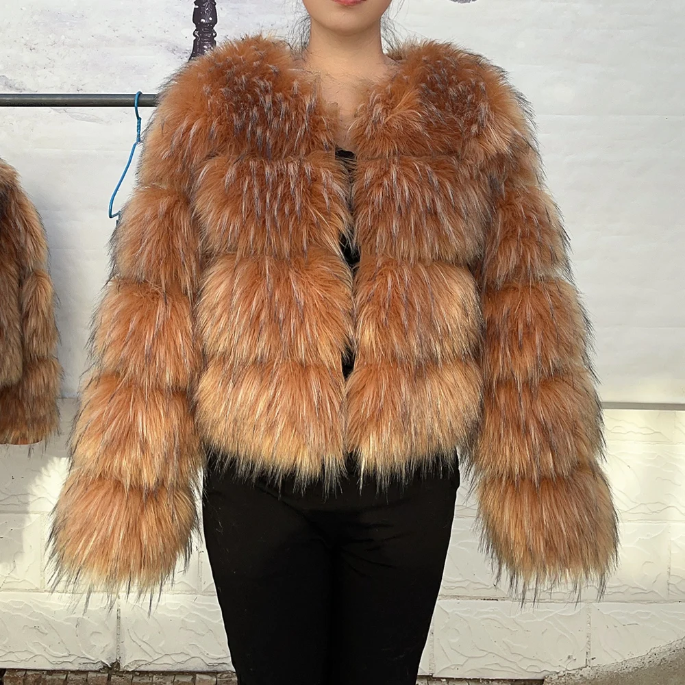 HOOOFUR abrigo de piel sintética chaqueta de mujer moda de invierno cálido grueso zorro piel de mapache marrón de talla grande abrigo frío de piel especialmente falsa