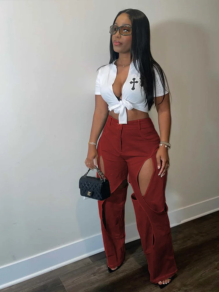 Wmstar Pants Women High Waist Zipper Button Hollow Out Fashion Wide Leg New Solid Cargo Trousers Wholesale Dropshipping 2024