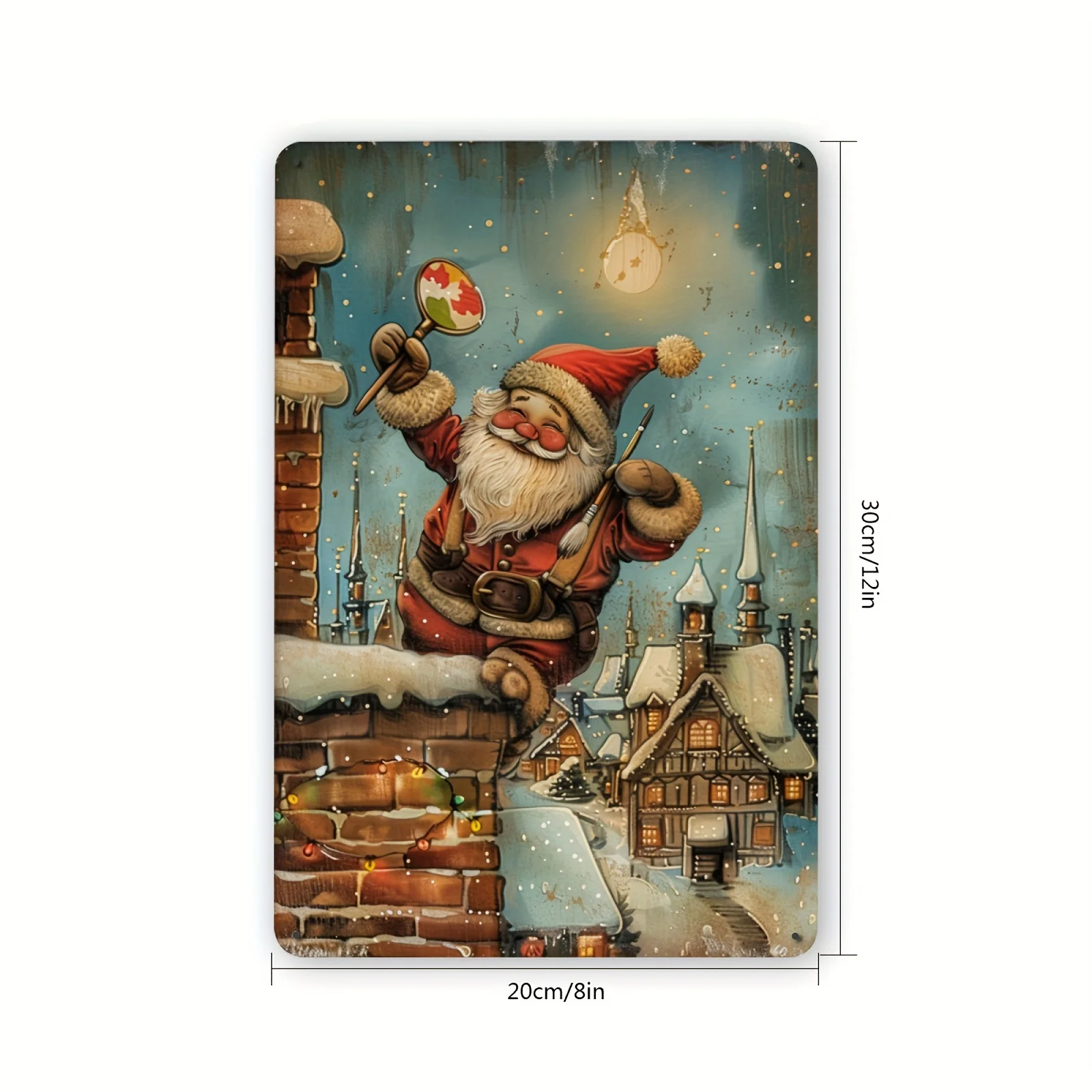 قطعة واحدة من لافتة القصدير العتيقة سانتا كلوز - 20.32 × 30.48 سم |   ديكور حائط ساحر للعطلات مع مشهد القرية الثلجية |   مثالية لغرفة المعيشة،