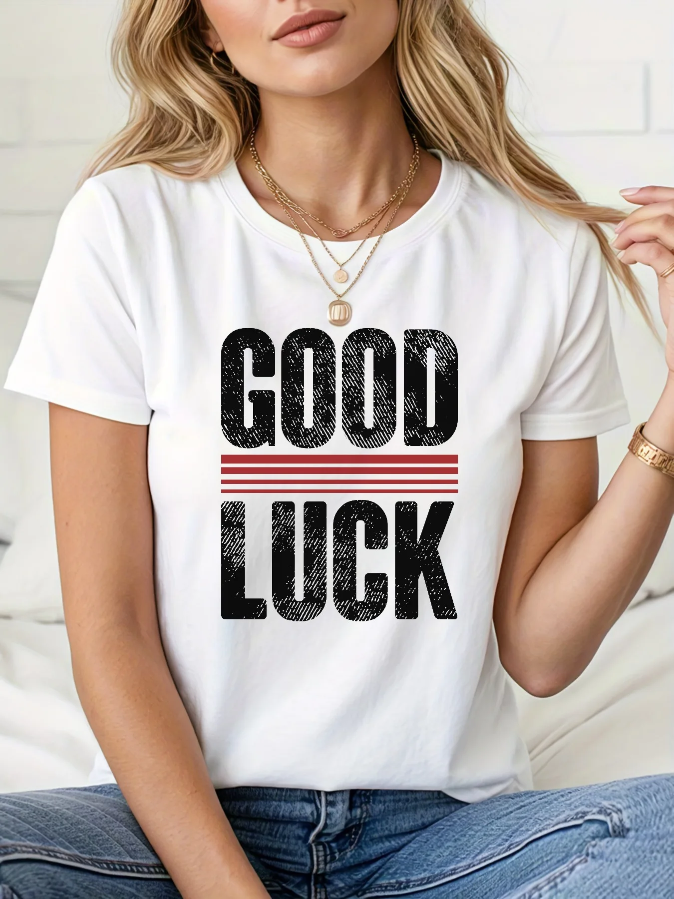 

2025 Black capital English letters printed tops Ladies Casual T-shirt Junior O-Neck Spring Summer Fashion Korean luxury clothing