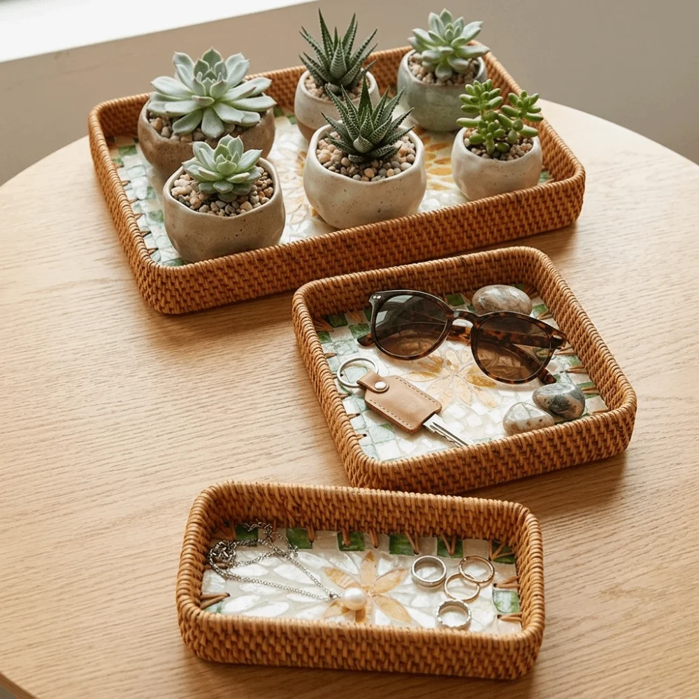 3Pcs Plant fiber Serving Tray Flat Tray Woven Texture Storage Basket Sturdy Breathable Structure Catchall Organizer