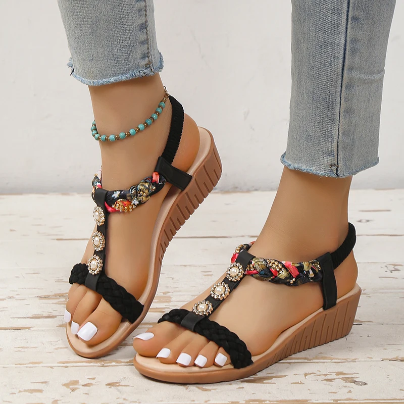 

Bohemia Lady Shoes 2023 Summer Women's Sandals T-strap Wedge Sandal Fashion Crystal String Bead Shoe Casual Rome Female Footwear