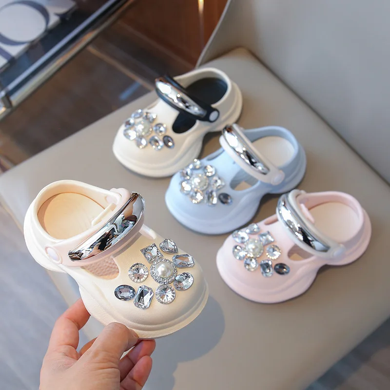 

Kids'Casual Shoes Solid Color Crystal Pearl Sunmmer Slippers For Girls Anti-slip Breathable Designer Blue Pink Size 24-37