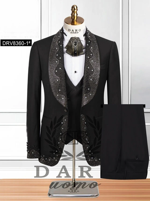 

2025 New Style Casual Fashionable Diamond-studded Collar Men's Suit for Wedding Dress, Best Man Three-piece Set