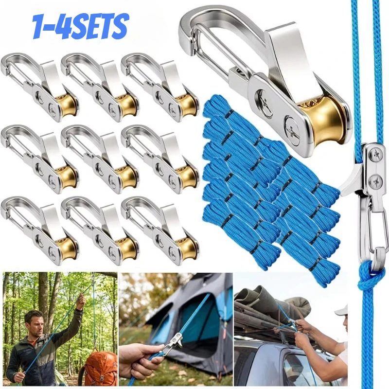 1-4Sets Heavy Duty Retractable Tie Down Rope with Tensioner for Camping Tarp Hammock Boating Outdoor Gear Secure Tool