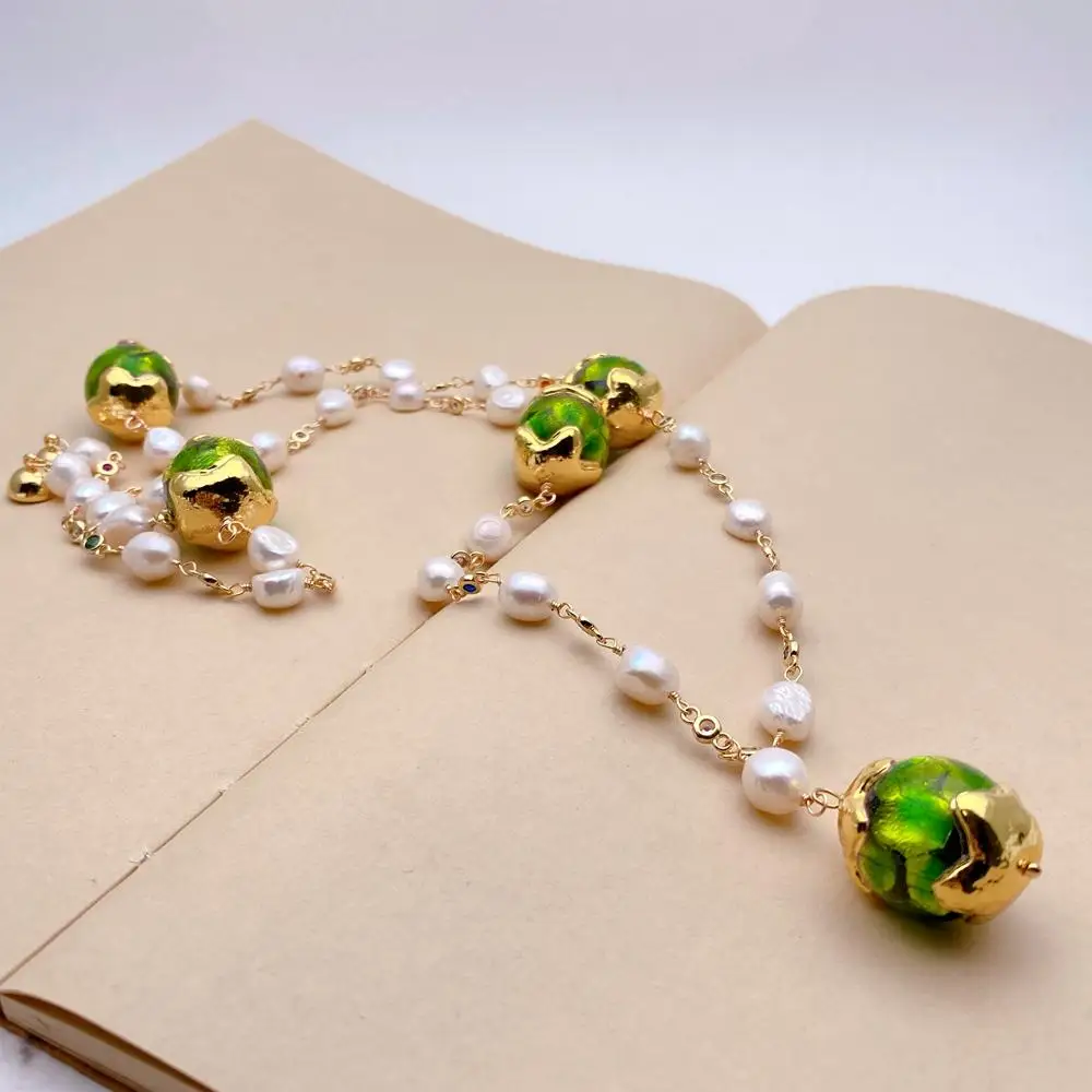 Y.YING Cultured White Baroque Pearl Cz Pave Rosary Chain Green Murano Glass Necklace