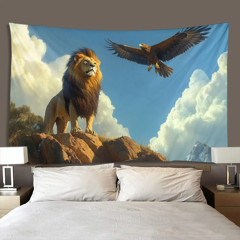 Lion King And Eagle Theme Tapestry Polyester Fabric Machine Washable Wall Hanging Decor for Bedrooms Living Room