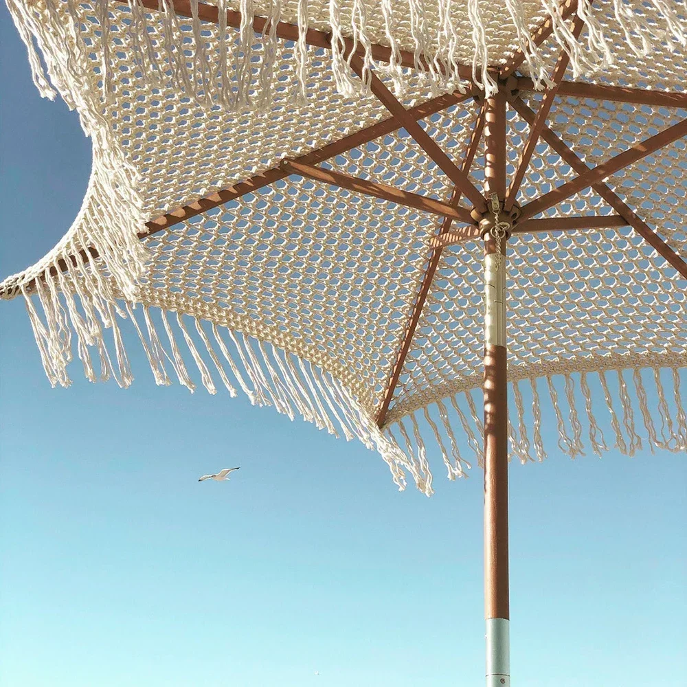 Custom Luxury Macrame Garden Parasol White Outdoor Fringe Wooden Canvas Boho Beach Umbrella with Tassels