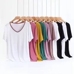 Modal V-Neck Tshirt summer women's Thin T-shirts half sleeves solid color Plus size Loose casual Tee tops