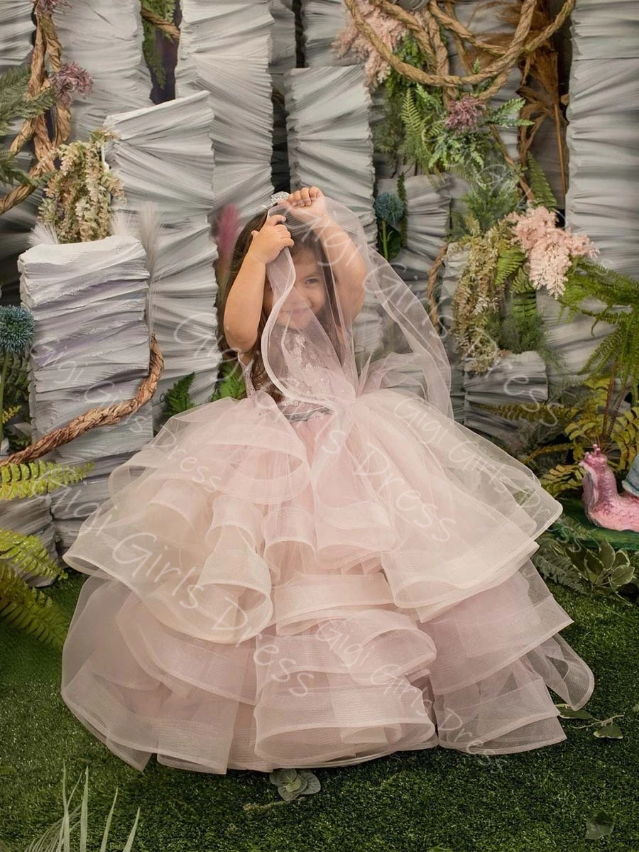 Adorable Ruffled Tulle Princess Flower Girl Dress for Wedding Toddlers Keyhole Back Lace Pageant Birthday Dress Custom Ball Gown