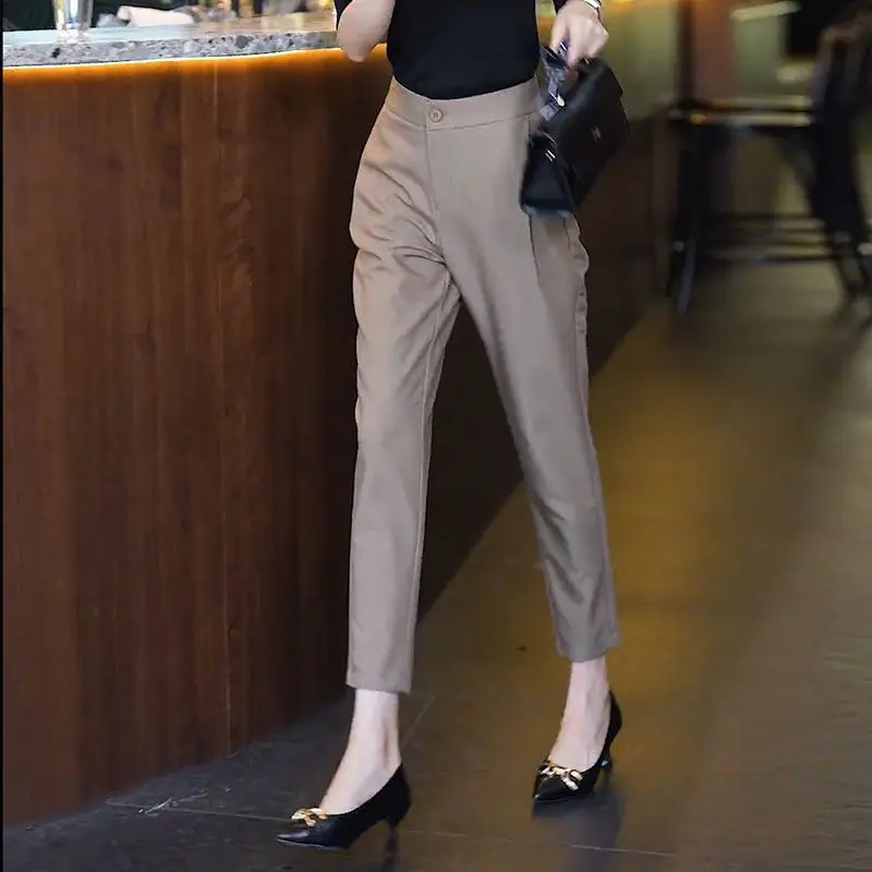 Elegant Office Lady Fashion Pants Business Casual Straight Solid Color Zipper New Pockets Button Premium Women\'s Clothing 2023