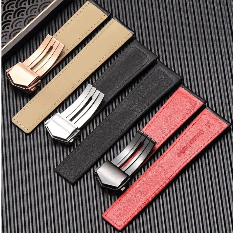 19mm 20mm 22mm cowhide watch strap for tag heuer Carrera Monaco F1 watchband Folding buckle Men‘s black red bracelet with tool