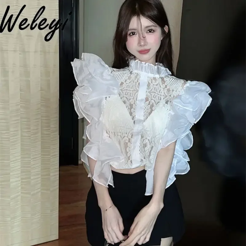 

Court Lace Sleeveless Ruffle Crochet Shirt for Women Summer Clothes Elegant Sweet Sexy Hollow White Ruffled Slim Polo Top Ladies