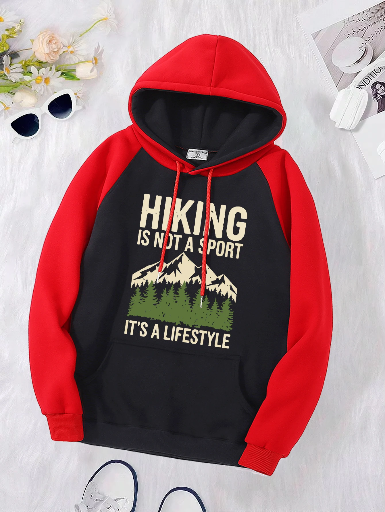 Hiking Is Not A Sport Mountain Range Printed Raglan Hoodies Womens Y2K Pocket Pullovers Fleece Multicolor Hoody Loose Sportswear