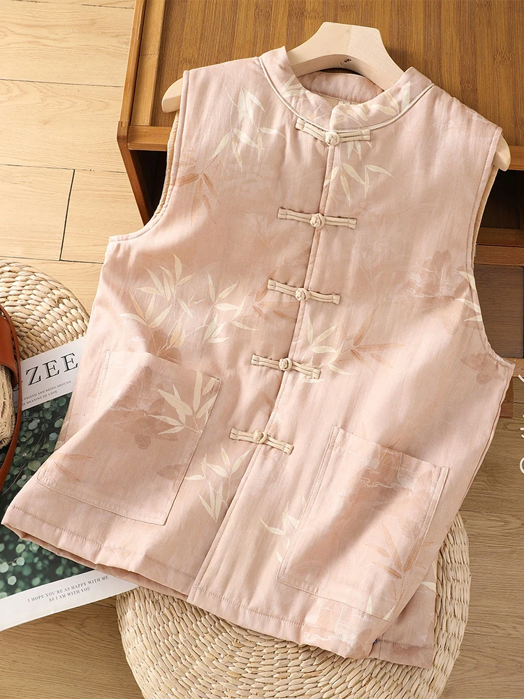 

Легкий женский жилет с хлопковым наполнителем, новинка осени 2024, китайский топ с воротником-стойкой и пуговицами в национальном стиле