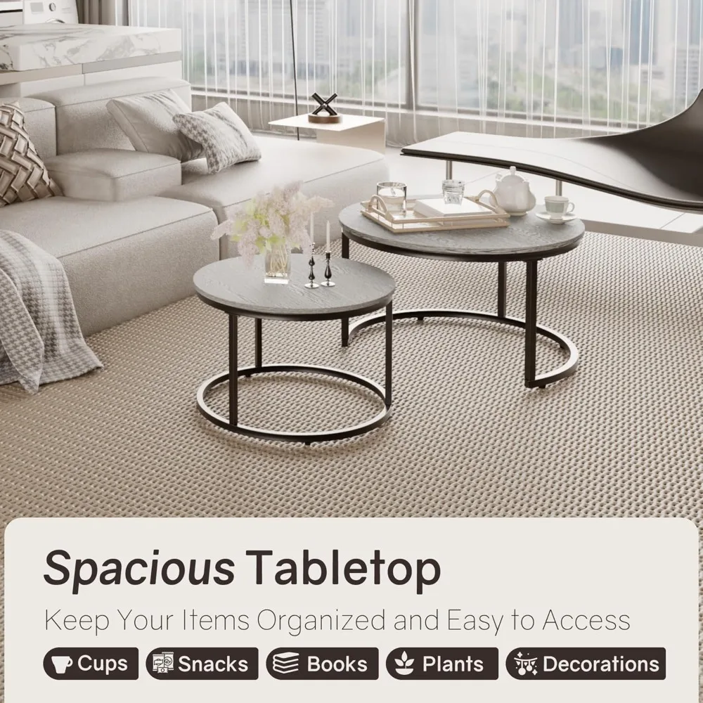 زوج من 31.5 طاولات قهوة مستديرة متداخلة من الحبوب الخشبية مع أقدام قابلة للتعديل غير قابلة للانزلاق #4