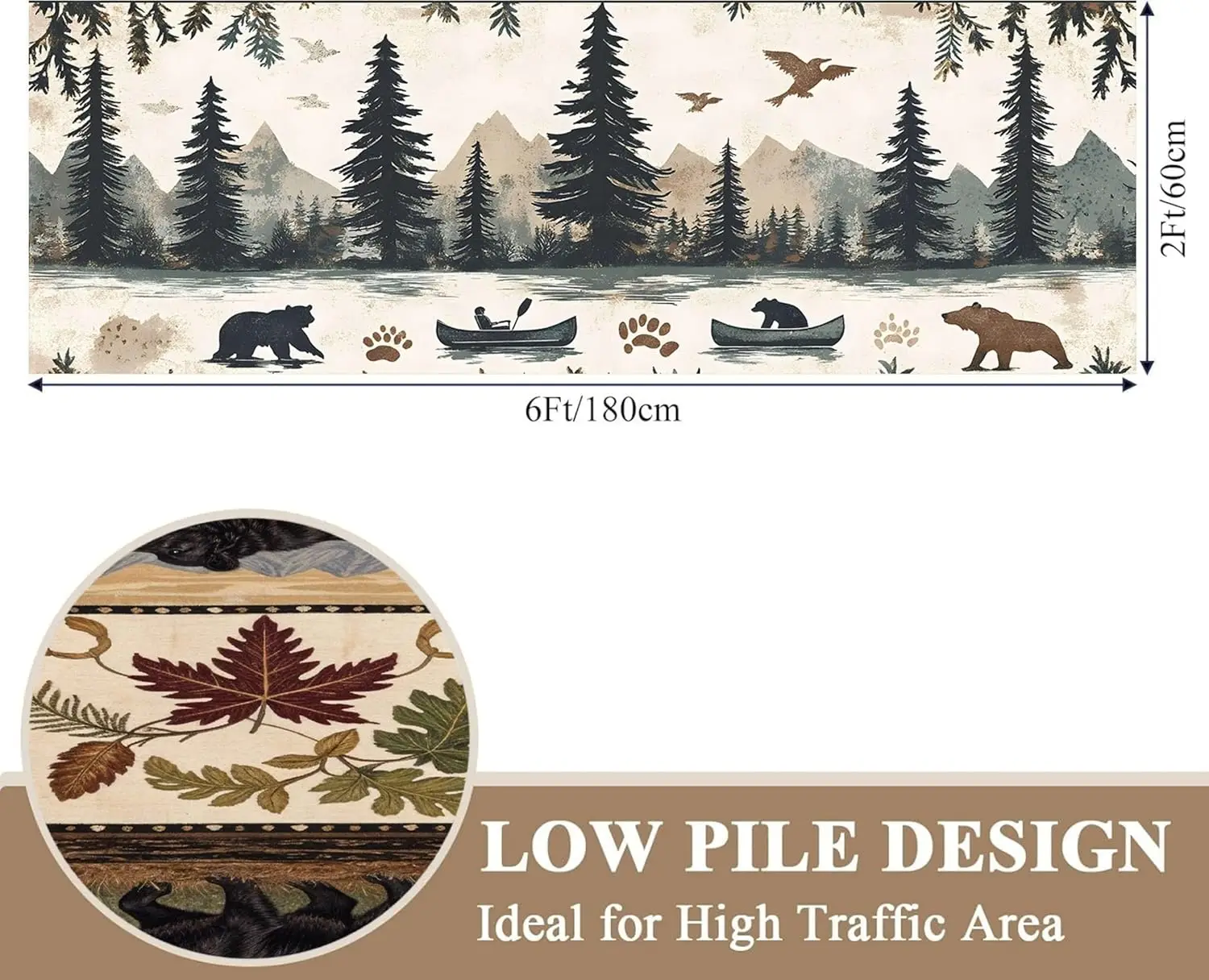 Retro Bear Claw Mountain Runner Rug with Elk Cabin Non-Slip Bohemian Rug,Washable Floor Mat for Balcony Corridor,River Landscape