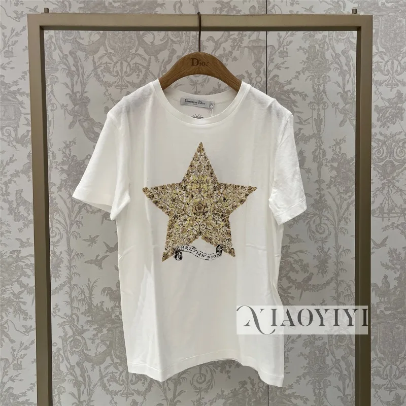 Dior Women's T-shirt European Purchasing Agent 25 Early Spring 513T09G4218 Star Embroidered Short-sleeved Top