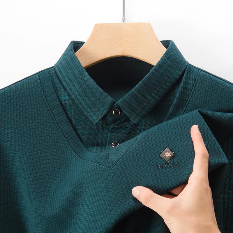 Luxury Brand Men's False Two-Piece Polo Shirt Autumn New Print Long Sleeved Lapel Solid Color T-shirt Business Casual Men's Wear