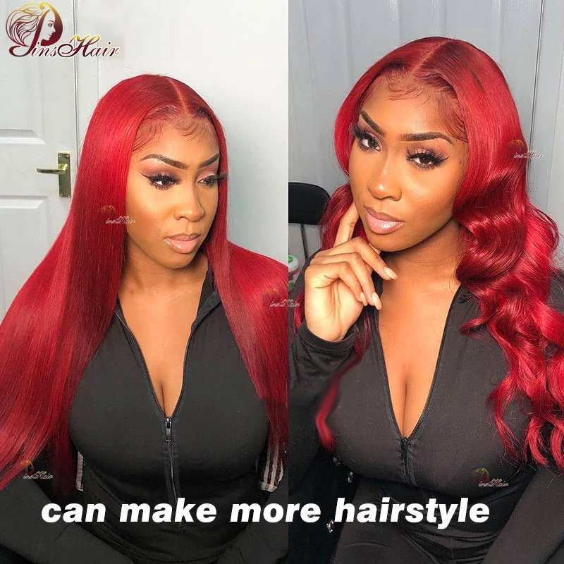 Perruque Lace Front Wig Remy naturelle, cheveux lisses, rouge bordeaux 99J, 13x4, pre-plucked, Transparent, rouge vif, 180