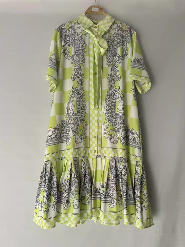 Retro-Kleid mit geometrischem Muster, Revers und Schnürung, Kurzarm, Sommer 2026, Damenmode, locker, Übergröße, plissierter Hemdkleid