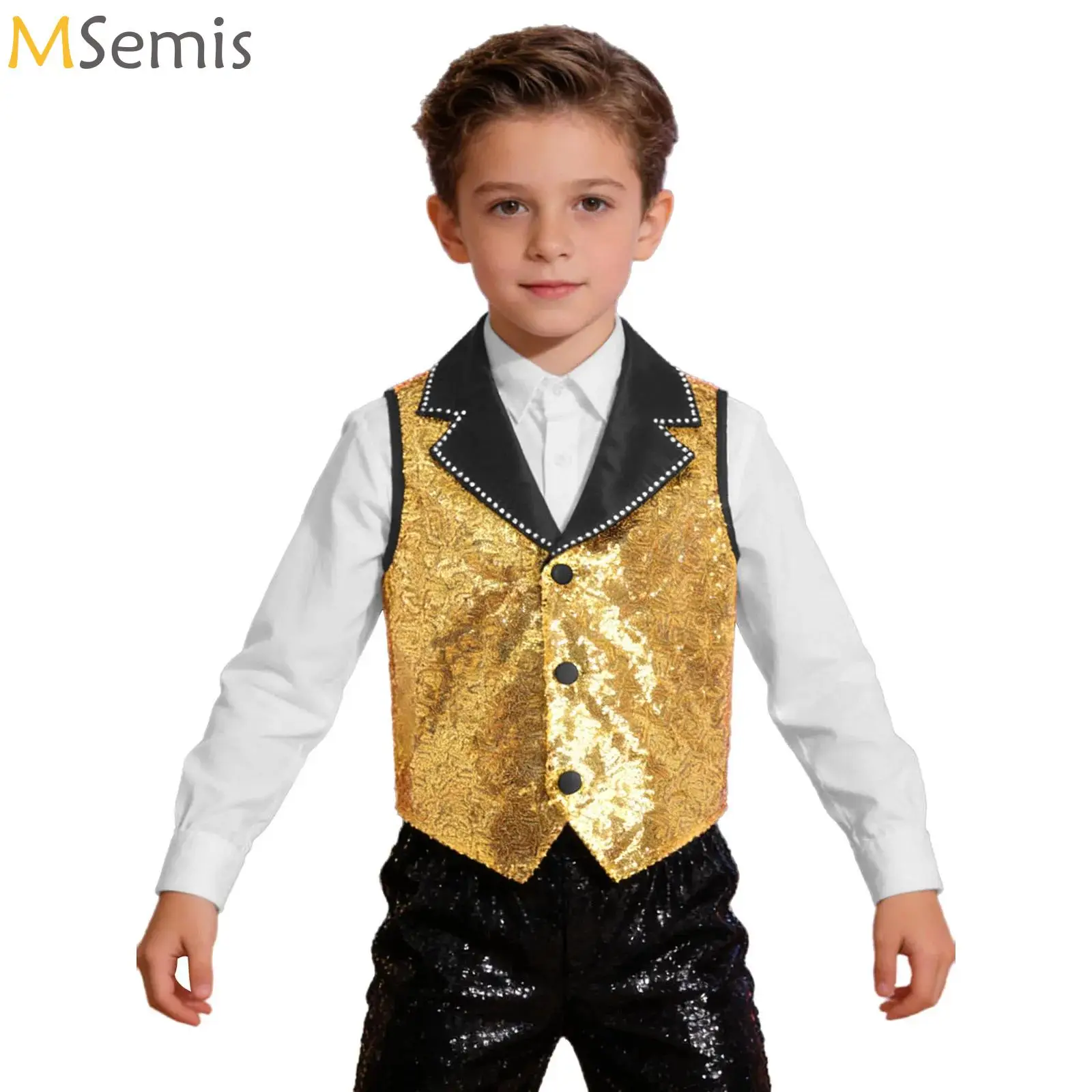 

Kids Boys Girls Vest Sparkly Sequined Tops Music Festival Stage Performance Costumes Jazz Dance Waistcoat Children's Vests