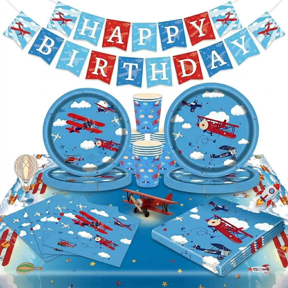 Airplane Theme Birthday Party Supplies Vintage Aviation Aviator Tableware Set Paper Plates Cups Birthday Banner Kids Party Decor