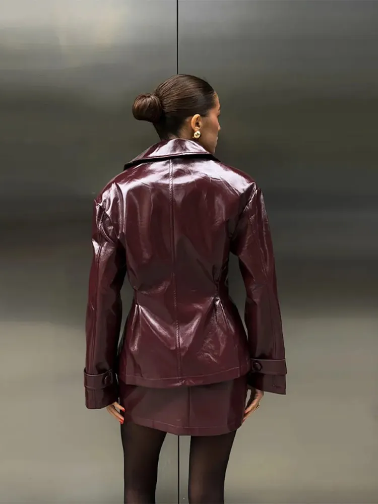 Moda feminina conjunto de saia de couro do plutônio lapela manga longa jaqueta trespassado e saia curta pacote quadril feminino roupa de rua