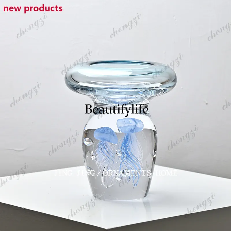 f182 Simple transparent blue double-headed jellyfish glazed vase living room coffee table decorative TV cabinet