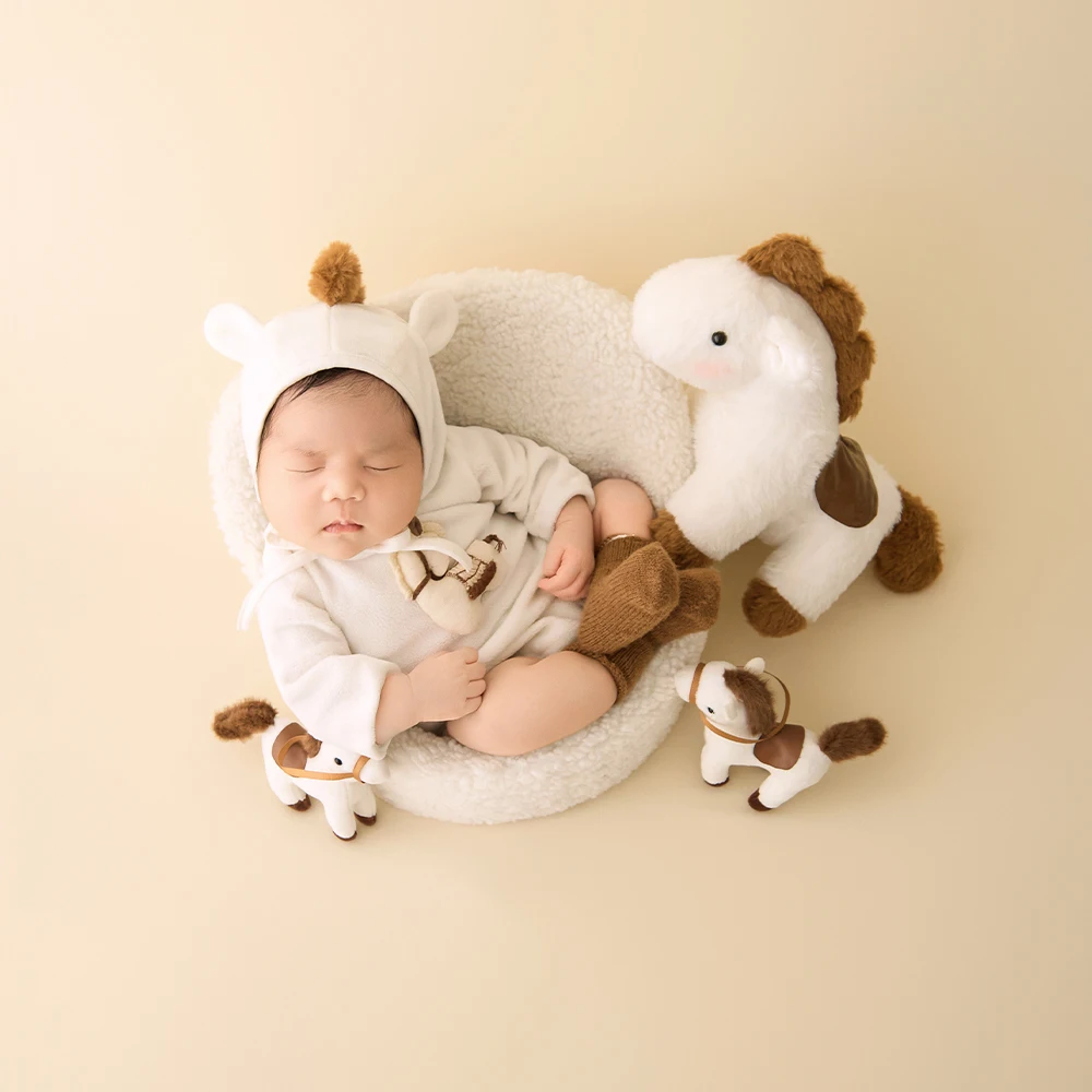 Adereços para sessão de fotos de bebês, tema de pônei, cavalo macio, conjunto de macacão com capuz, bonecas de pônei de pelúcia, adereços de decoração para estúdio de fotógrafos profissionais