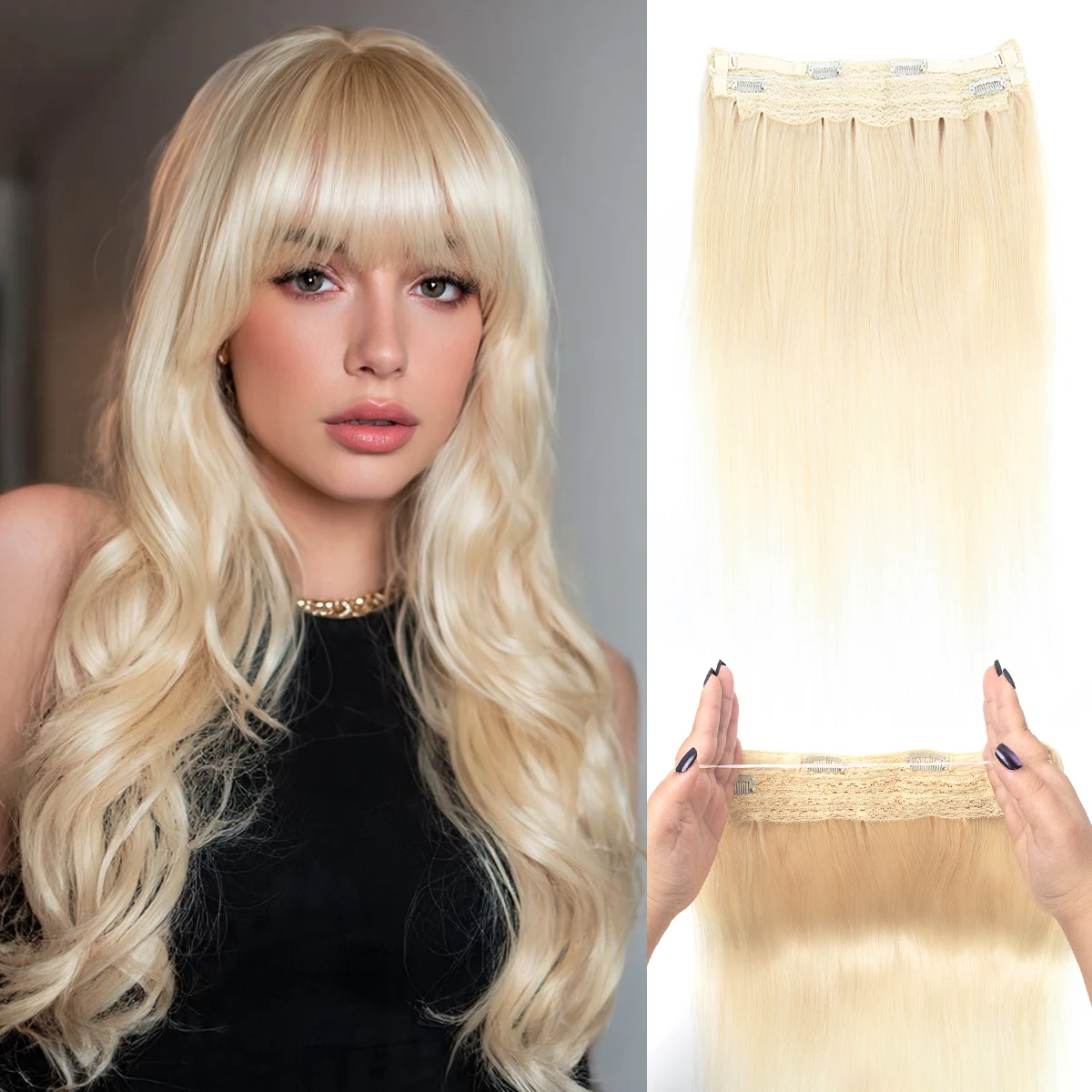 

MRS HAIR Halo Hair Wire in Hair Extensions Human Hair Straight Fish Line Natural Hair Extensions With 4 Clips Weft