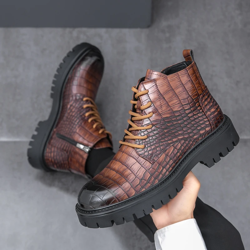 Men\'s Crocodile Skin Lace-up Short Boots Good Quality Leather Shoes Male Winter Business Formal Platform Boots Winter Men Shoes