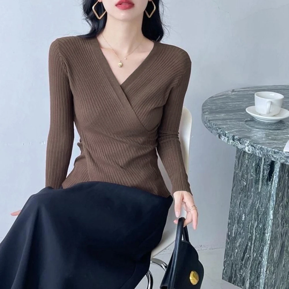 

Sexy V Neck Full Sleeved Skinny Pullovers Women Criss-cross Coffee Elastic T Shirt All-match Stretchy Knit Tender Sweater Top
