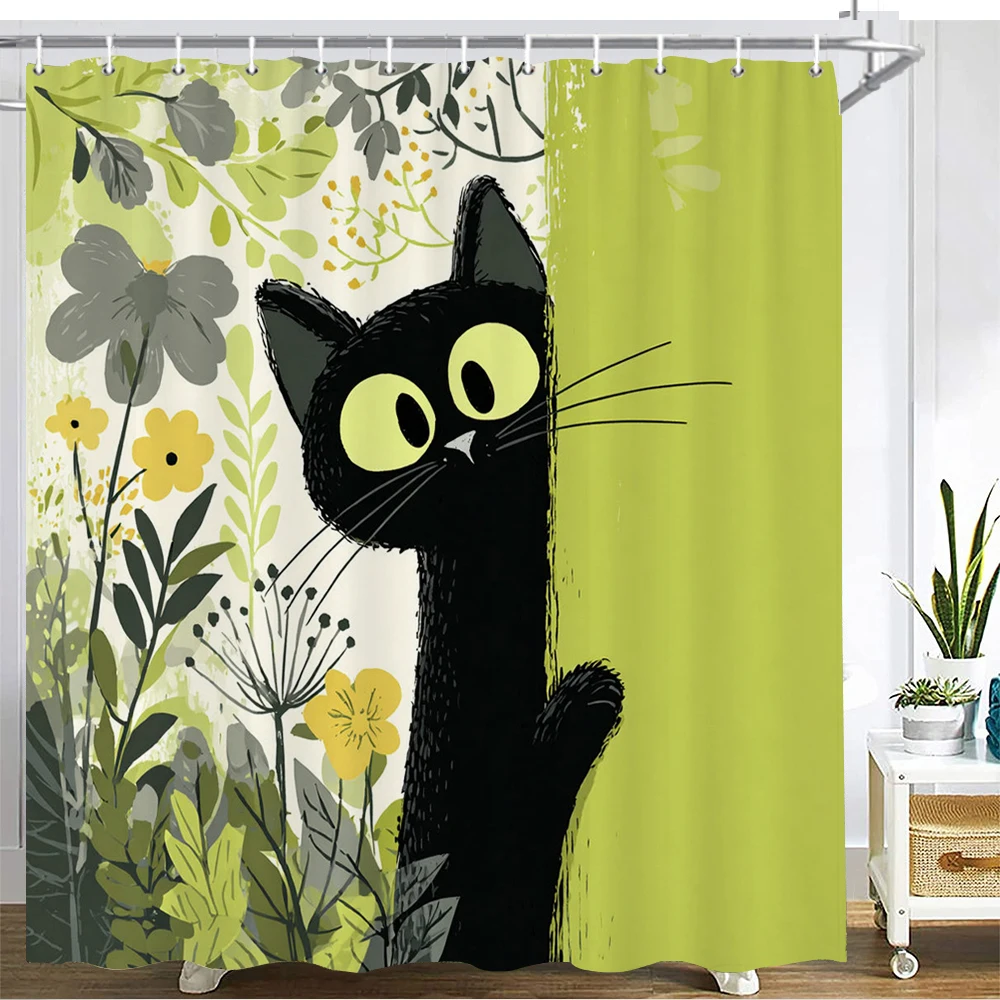 

Cartoon lovely cat Shower Curtain 3D Printed Polyester Fabric Flowers and plants Bathroom Curtain Home Decor Curtain With Hooks