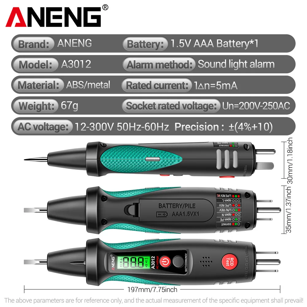 ANENG 다기능 소켓 회로 분석기, AC DC 전압 테스터, 지능형 전원 극성 감지기, 누출 테스트 도구, A3012