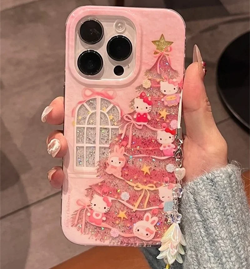 Cute Christmas Wish Tree Hello Kitty Bling Glitter Phone Case For iPhone 11 12 13 14 15 16 Pro Max XS XR Lovely Cartoon KT Cover