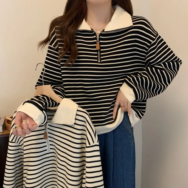 Fashion All-match Polo-Neck Striped Sweatshirts for Female Casual Loose Zipper Spliced Pullovers Tops Autumn Women\'s Clothing