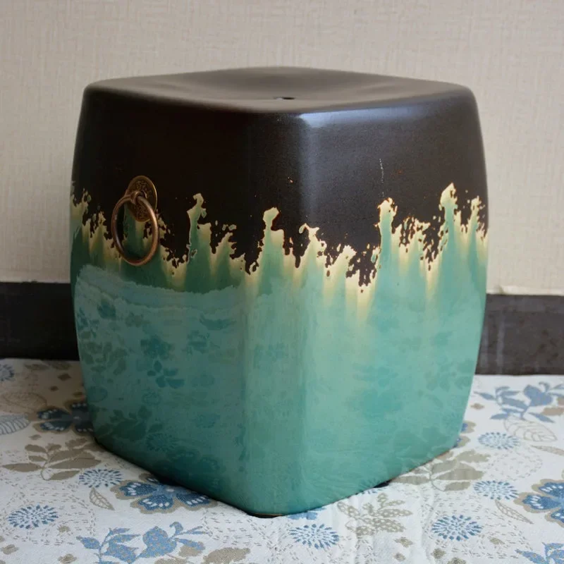 Chinese Glazed Ceramic Garden Stool Square Drum Shape Brass Indoor Outdoor Plant Stand Entryway Shoe Changing Accent Side Tabl