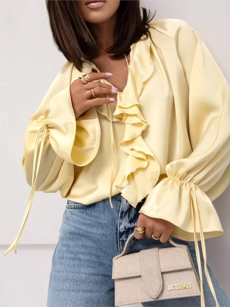 แฟชั่นผู้หญิงเสื้อลําลอง Flare Sleeve Lotus Leaf Edge Lace Up เสื้อชีฟองใหม่ Lady เดินทางชุดเสื้อผ้าฤดูร้อน
