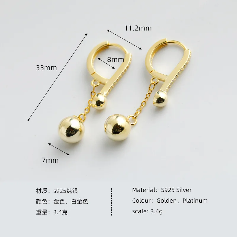 CCFJOYAS Punk 925 Sterling Silver Tassel Round Beads Drop Earrings Women European and American Exaggerated Personality Jewelry
