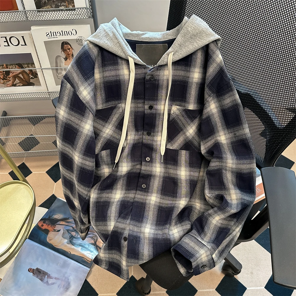 

Женские клетчатые рубашки с капюшоном, блузки Y2k, винтажные 2000-х годов, стиль бойфренда, длинный рукав, оверсайз, темно-синяя рубашка, верхняя модная одежда, осень