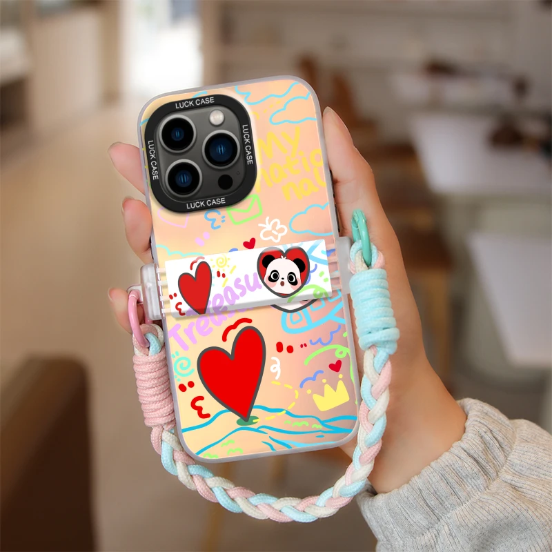 Change of light Cute Panda Baby Phone Case For iPhone 11 12 13 14 15 Pro Max 14 15 Plus Shockproof  With Lanyard Protector