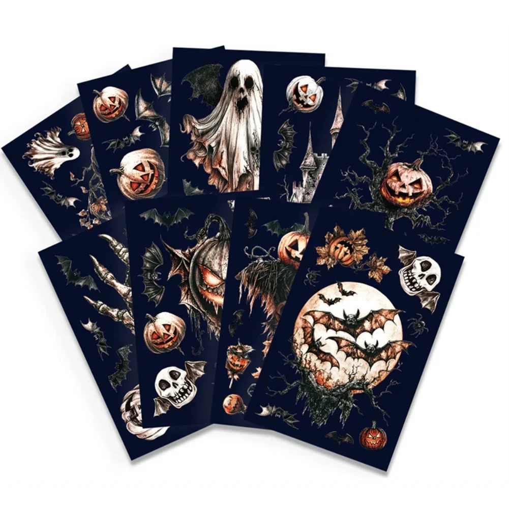 9 Sheets Double Sided Halloween Window Clings Featuring Skeletons and Pumpkins PVC Stickers for Windows Mirrors Glass Surfaces