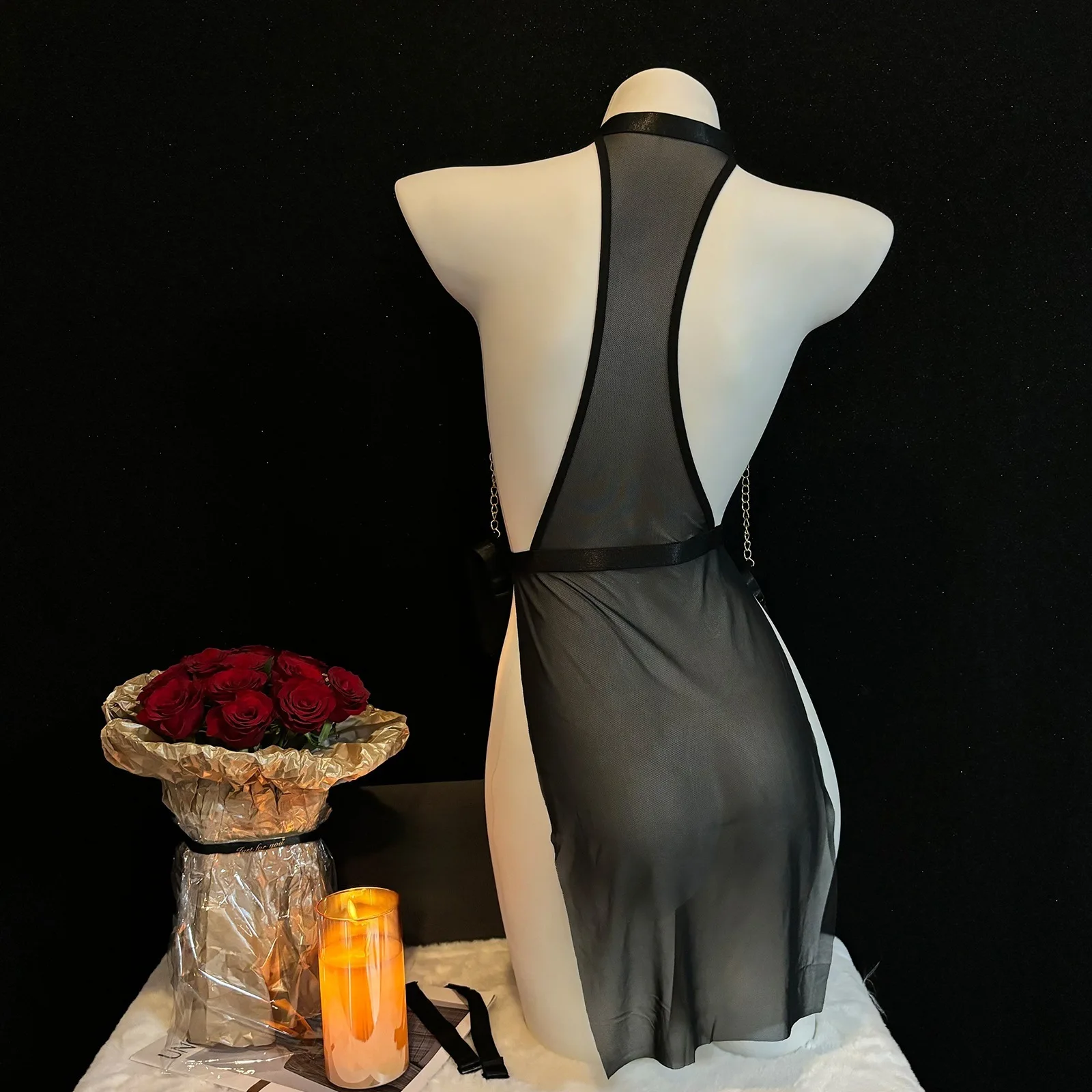 طقم قميص مثير شفاف من الدانتيل مفتوح من الأمام مع حزام سلسلة SM زي إغراء ملابس داخلية نسائية ManYu زي لعب الأدوار #4