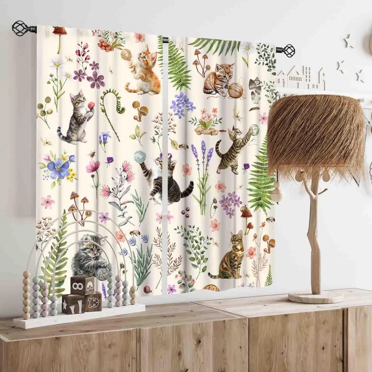 Vintage Botanical Kitten Curtain Panels,Multi Playful Cats Yarn Balls Floral Fern Mushroom Watercolor Cream Base Drapes for Home