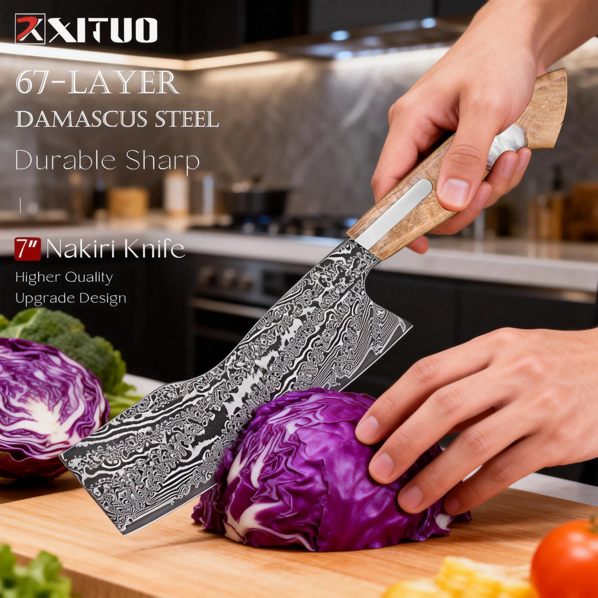 XITUO Japanese Nakiri Knife 7 Inch - Ultra Sharp Damascus Steel Chef Knife for Meat & Vegetables - Professional Kitchen Cleaver